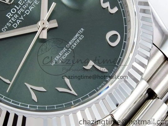 904L VR3255 DayDate SS President Green on Steel (Gain 40 Arabic Dial Weight) JDF Bracelet V3 0304